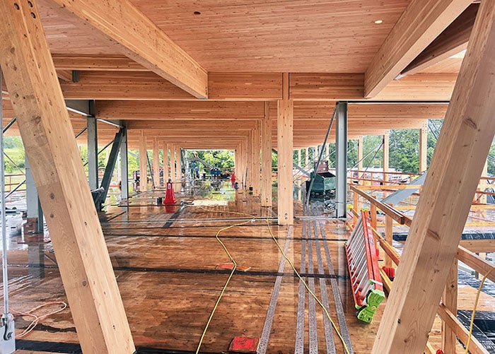 a large open space with laminated timber beams and wall supports and cross laminated decking 