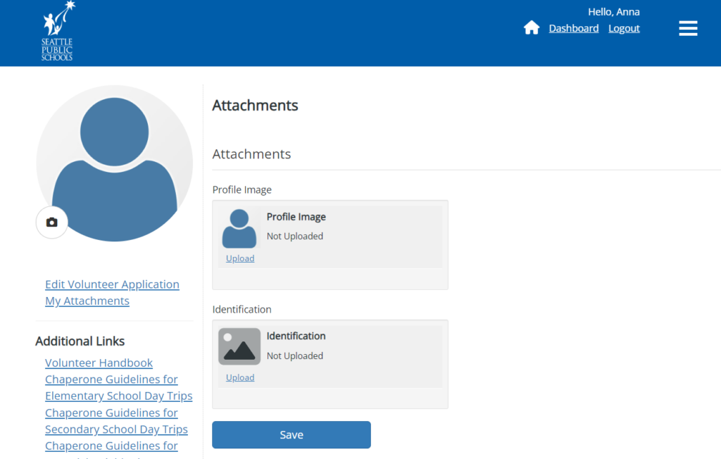 Volunteer dashboard - attachments page. Shows where you can upload your ID and/or profile photo.