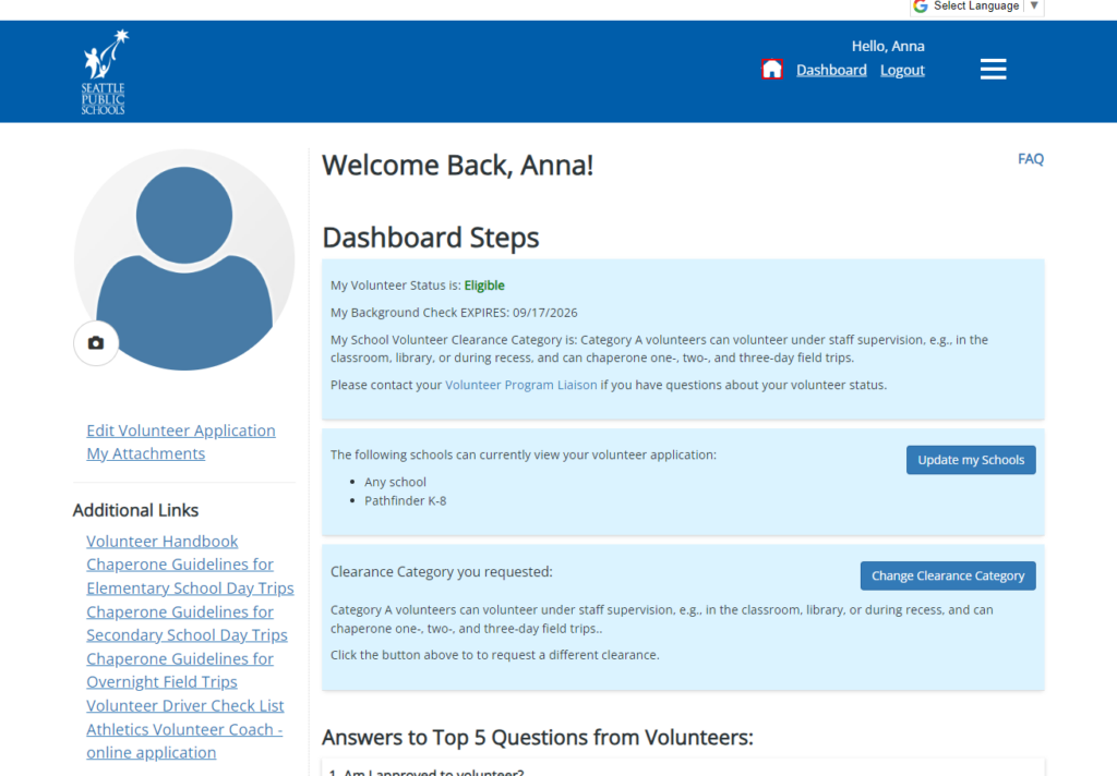 Volunteer dashboard showing volunteer's status, background check expiration date, assigned schools.  