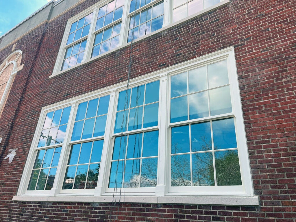 a window in a brick building