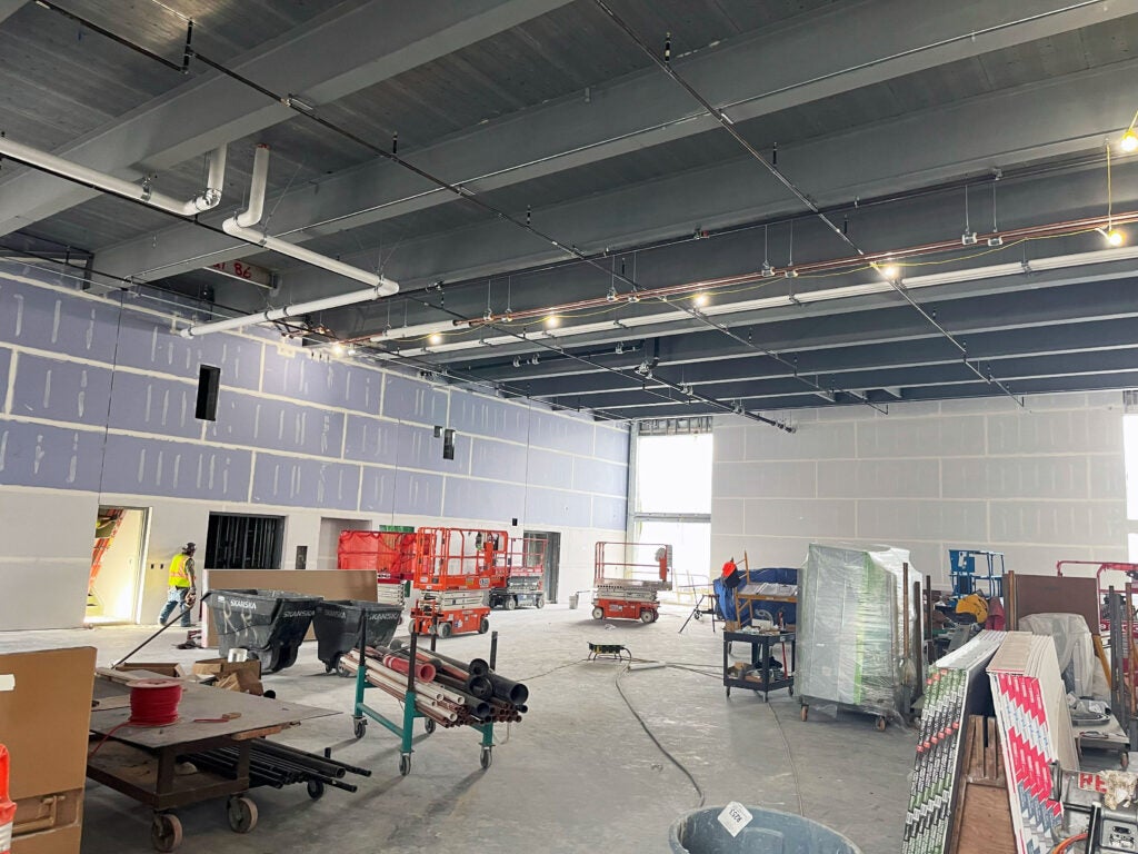 a large room with sprinkler piping in the ceiling and construction work in progress