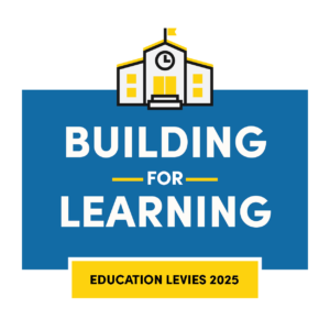 logo with a stylized school building and words Building for Learning Education Levies 2025