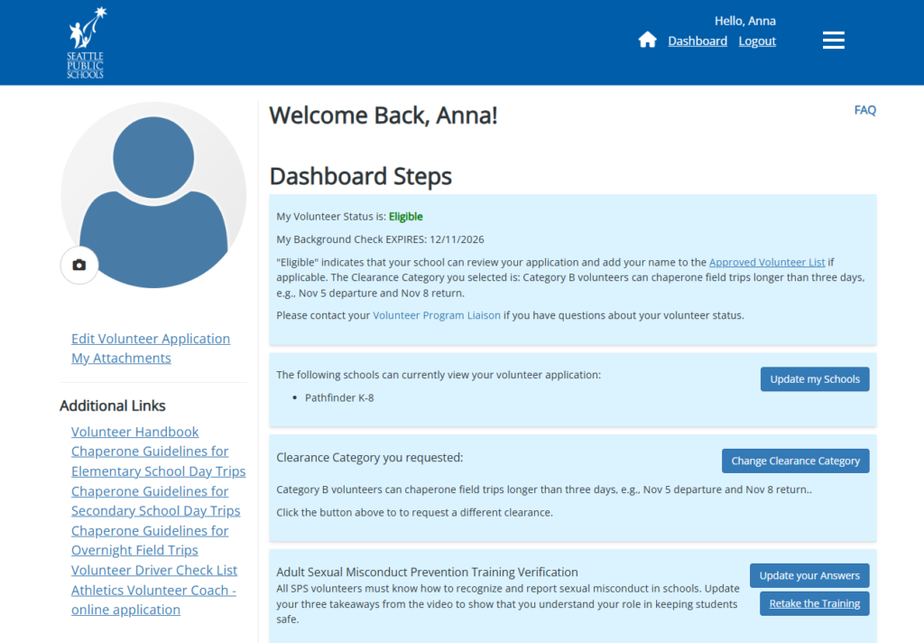 Screenshot of the volunteer portal dashboard informing the volunteer about their status, school they chose, etc.