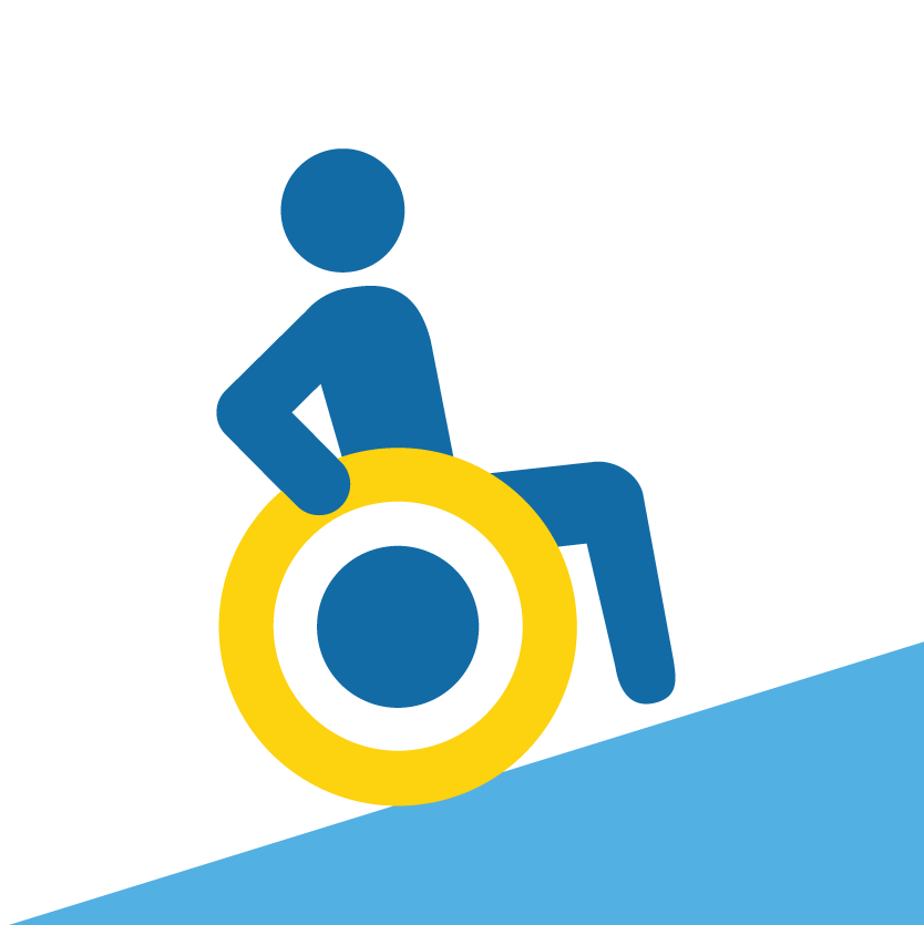 graphic of a person in a wheelchair going up a ramp to access a building