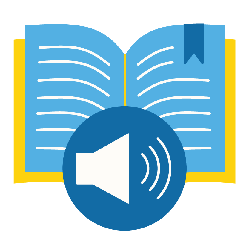 graphic of a book and audio symbol, representing assistive technology