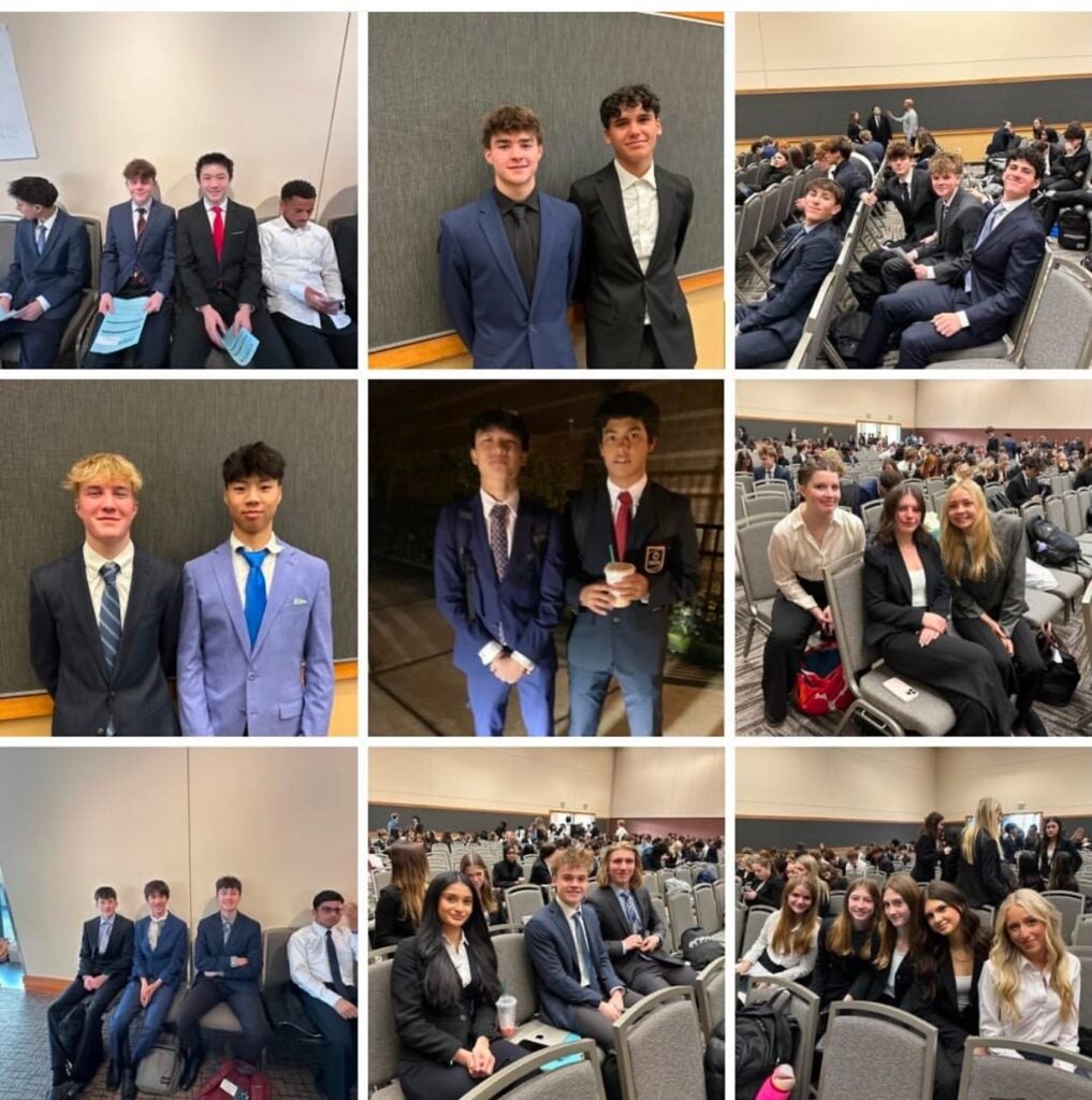 9 photos of students sitting and standing at DECA competition