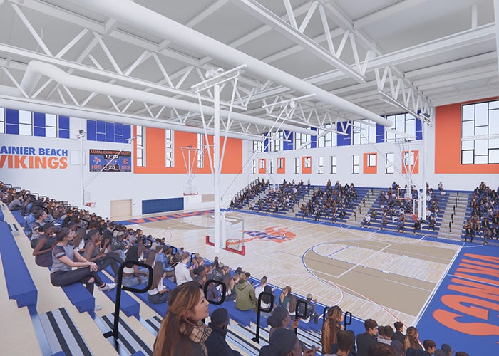 drawing of a gym with bleachers and orange and blue accents