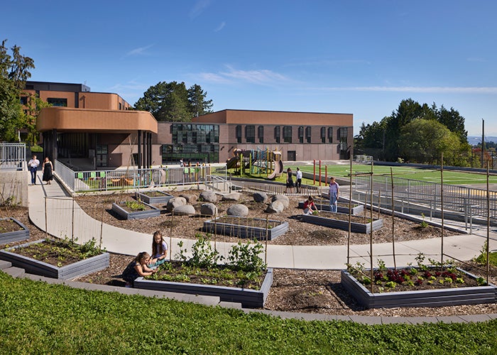 raised garden beds with a playground and then a school building behind