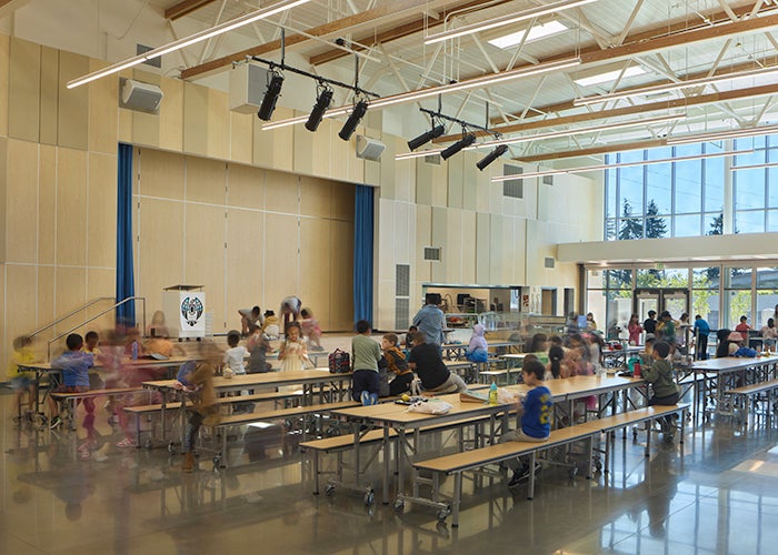 a lunchroom with students at tables