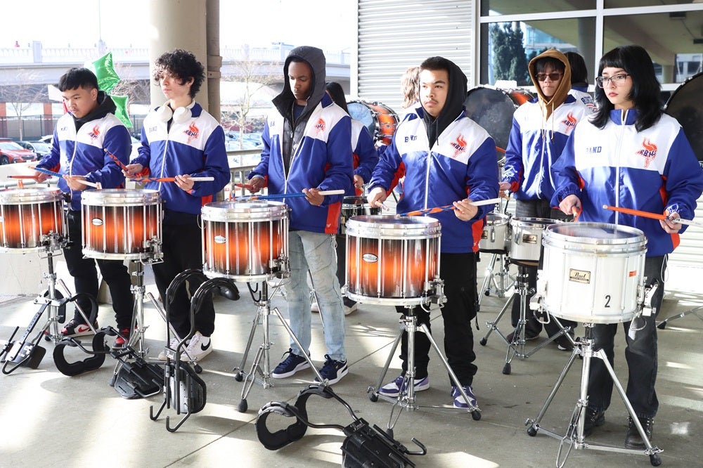 Rainier Beach High School drumline at black history month flag raising