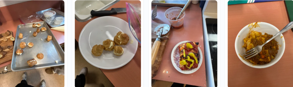 Screenshot from padlet showing food that students cooked.Four images from left to right: cream puffs, cream puffs, pizza, pasta