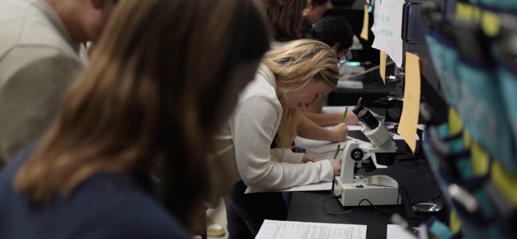 Profile of students in lab with microscopes