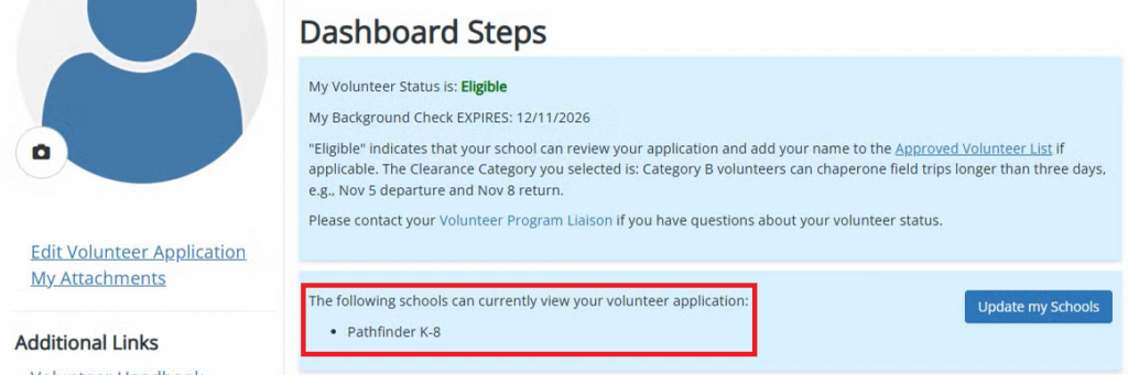 Screenshot of the volunteer dashboard in the online volunteer portal