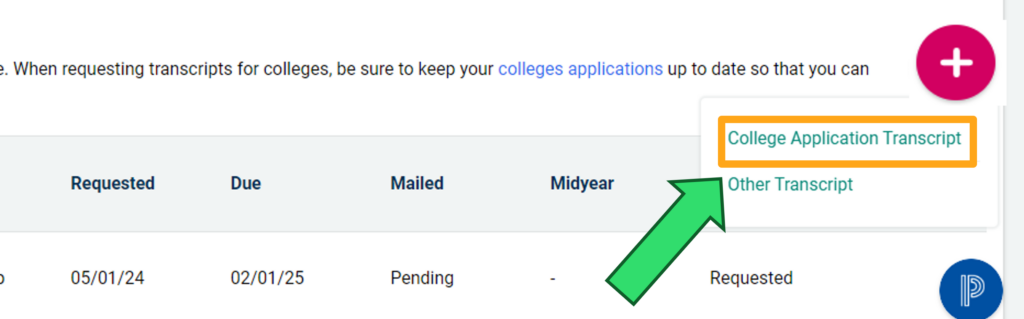 screenshot of Naviance college transcript request. see instructions on page for more information