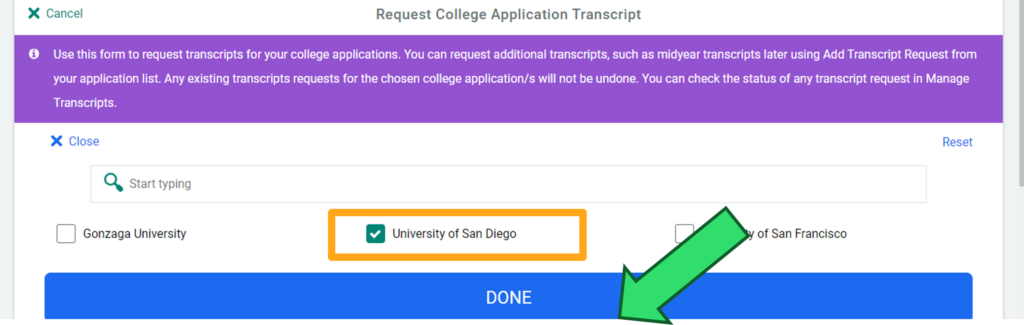 screenshot of Naviance college transcript request. see instructions on page for more information