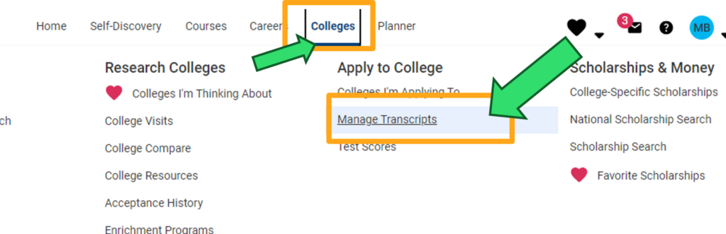 screenshot of Naviance college transcript request. see instructions on page for more information