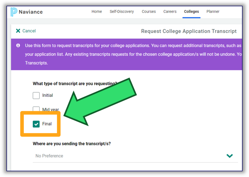 screenshot of Naviance college transcript request. see instructions on page for more information