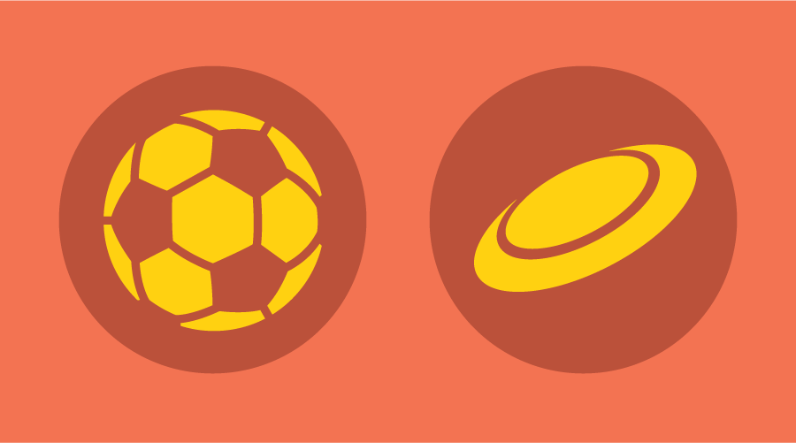 Graphic of fall sports includes a soccer ball and frisbee