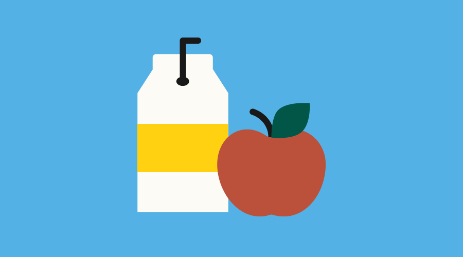 Graphic for school meals with a milk carton or juice box and a red apple