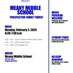 Flyer listing date/time for Meany's Prospective Family Tour Night. Starting 2/3/2025 at 6:30pm ending at 7:30pm