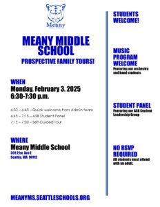 Flyer listing date/time for Meany's Prospective Family Tour Night. Starting 2/3/2025 at 6:30pm ending at 7:30pm