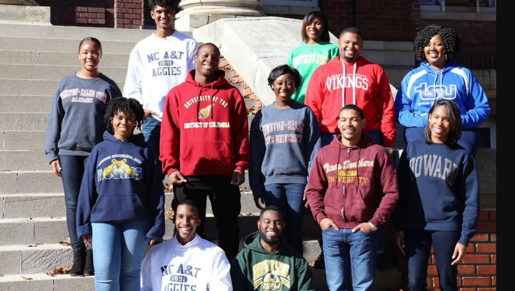 Students wearing HBCU college sweatshirts