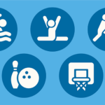 Graphic of winter sports includes a swimmer, a gymnast, wrestlers, a bowling ball and pin, and a basketball hoop