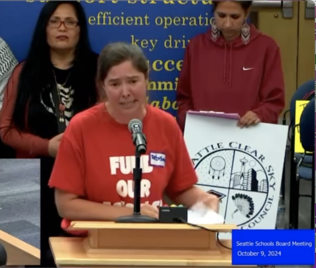 Rebekah Binns giving public testimony to the Seattle Public Schools Board meeting of October 9, 2024 