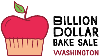 Billion Dollar Bake Sale Washington logo with a large red apple inside a cupcake liner