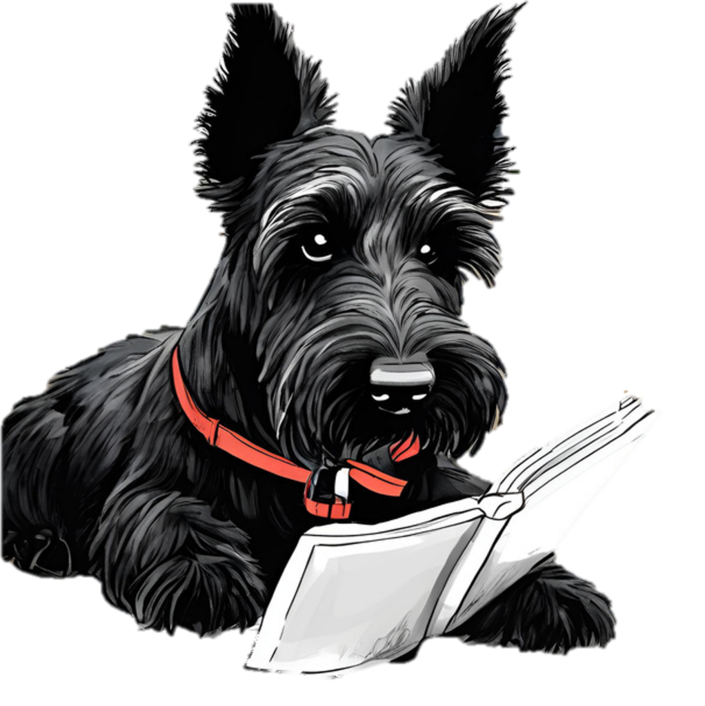 Scottie dog reading a book