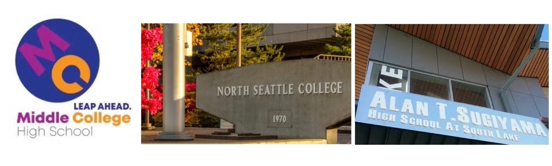 MCHS Collage Logo, North Seattle College Building and South Lake Building.