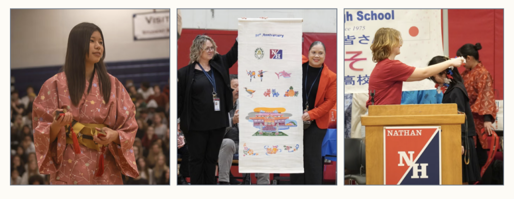 Collage of student at podium. Student from Japan.