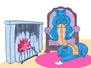 Two blue rats lounge by a fireplace. One knits, while the other doodles