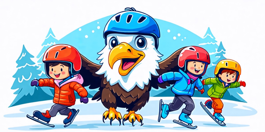 graphic of an eagle skating with three children