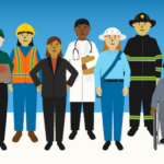 Graphic of people in various occupations such as chef, police officer, construction worker, mailman, delivery service, firefighter, doctor, businessperson, farmer, etc.