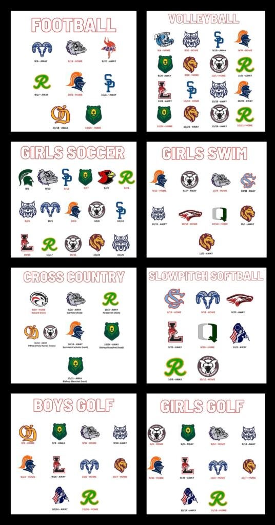 Collage Grid of all Fall Athletics and images of the school mascots and game dates.