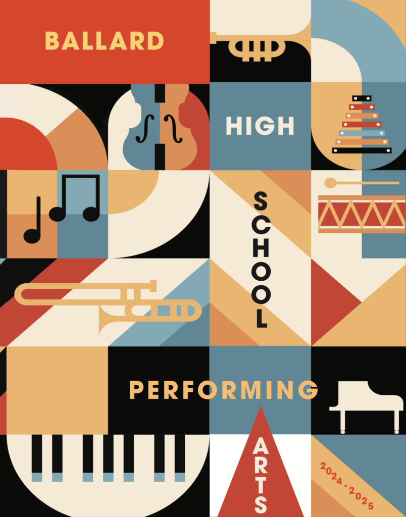 Ballard High School Performing Arts Collage with piano, musical notes.