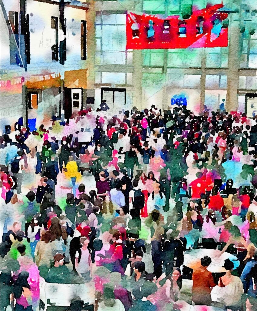 Watercolor of Group of students in Commons with Banner Overhead