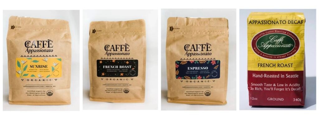 Bags of Coffee Banner: Sunrise, French Roast, Espresso and Decaf