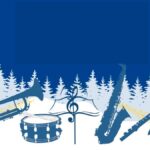 White Trees and Band Instruments in the front. Trombone, Drum, Sax & French Horn