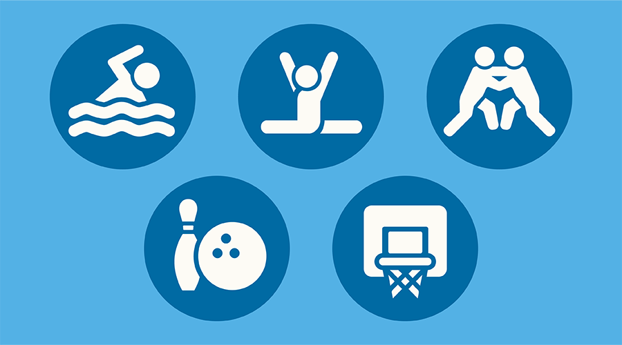 Graphic of winter sports includes a swimmer, a gymnast, wrestlers, a bowling ball and pin, and a basketball hoop