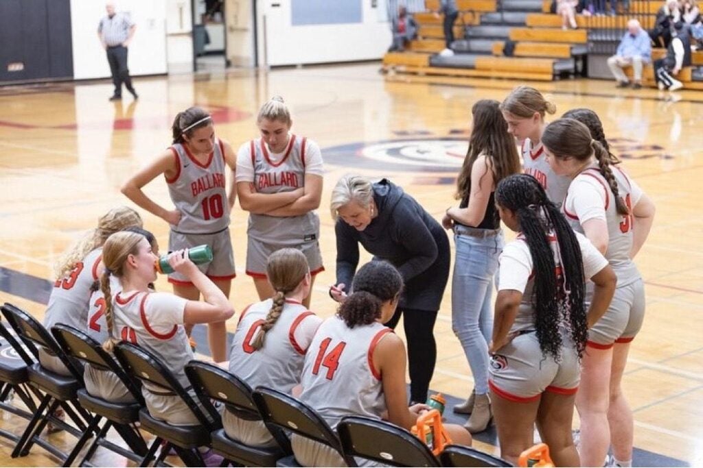 Girls BB players on court with coach Jennifer