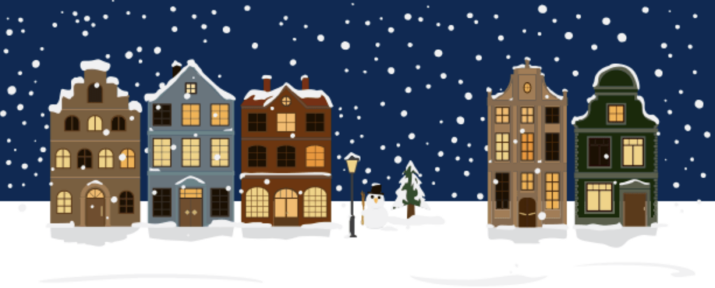 Houses with snow falling