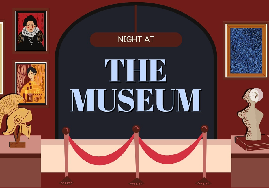 Curtain and paintings. Text: Night at The Museum